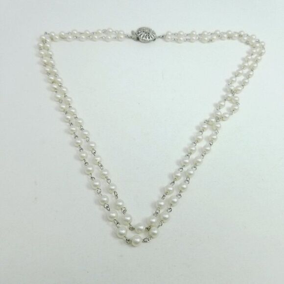 Vintage Two Strand Faux Pearl Necklace, White with Silver Tone Clasp, Classic - Picture 5 of 5